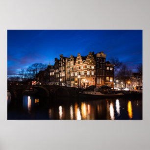 Póster Casas del canal de Amsterdam por la noche