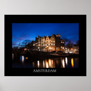 Póster casas del canal de Ámsterdam por la noche