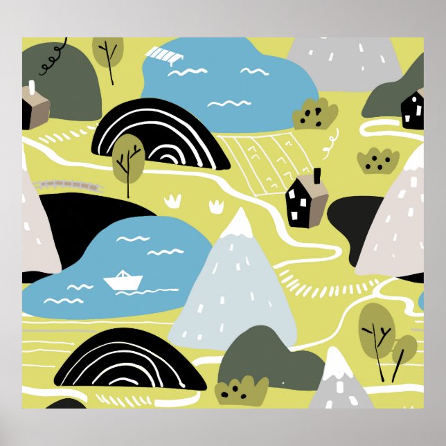 Póster Casas escandinavas, árboles, patrones de montañas. (Frente)