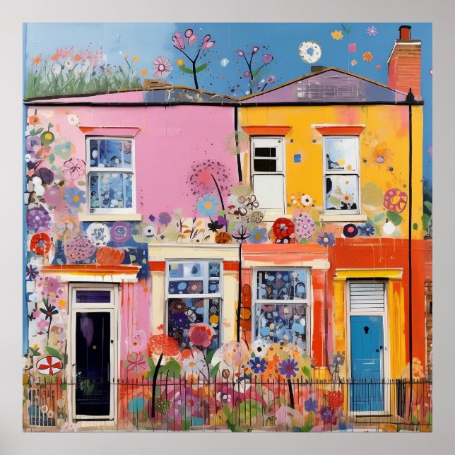 Póster Casas Florales Pastel (Frente)
