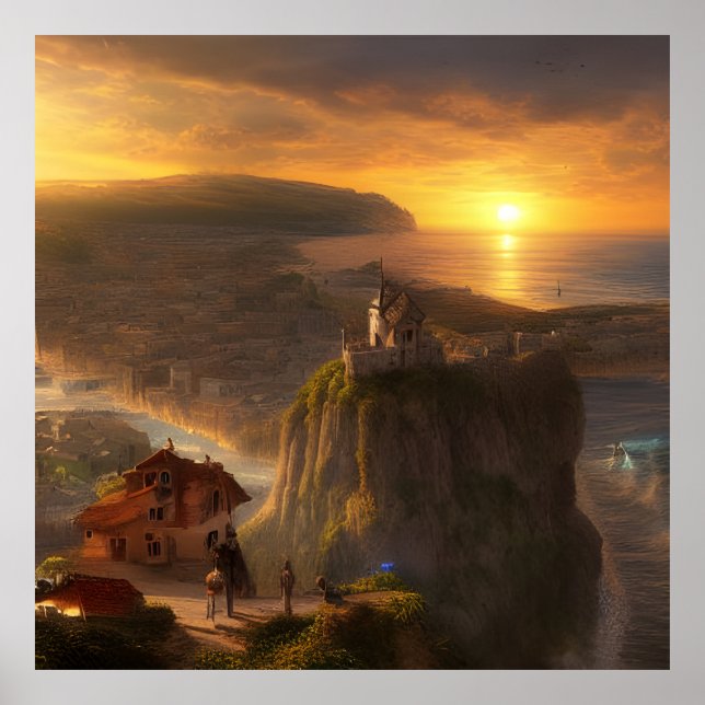 Póster Casas pequeñas en un acantilado mar y sol (Frente)