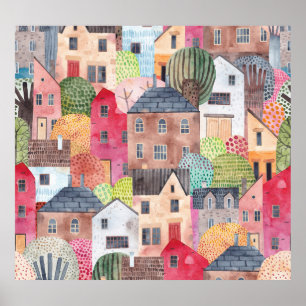 Póster Casas Resumen: Acuarela De Fondo Inalámbrico.