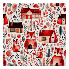 Póster Casas rojas y casas adorables Hoja de papel