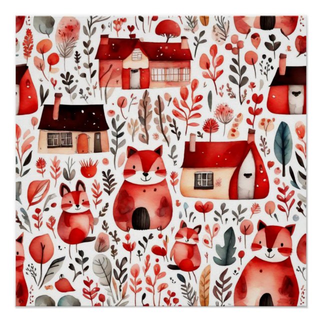Póster Casas rojas y casas adorables Hoja de papel (Anverso)