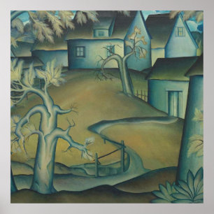 Póster Casas verdes y azules en la colina