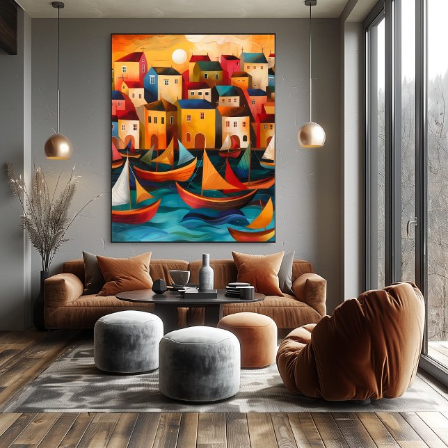 Póster Casas y Barcos: Paisaje Folk y Naive Colorido (Subido por el creador)