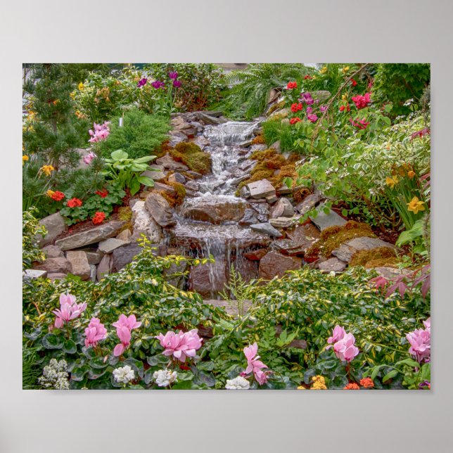 Póster Cascada 10x8 con flores de primavera (Frente)