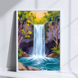 Póster Cascada Azul   Pintura de paisaje natural del bosq