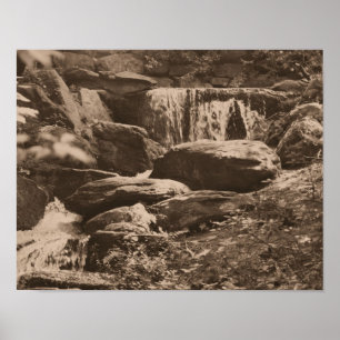 Póster Cascada Boscosa en Sepia Marrón Naturaleza