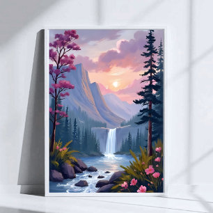 Póster Cascada Caprichosa   Paisaje Floral Mágico
