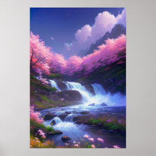 Póster Cascada con flores de cerezo
