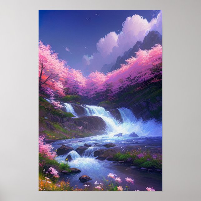 Póster Cascada con flores de cerezo (Frente)