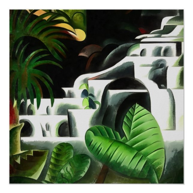 Póster Cascada de bosque exuberante en estilo de arte geo (Anverso)