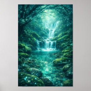 Póster Cascada del Bosque Encantado Esmeralda Verde Natur