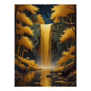 Póster Cascada Dorada en el Bosque Brillante