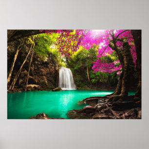Póster Cascada en el bosque de otoño