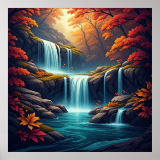 Póster Cascada en un bosque otoñal 🍂