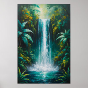 Póster Cascada exuberante de la selva tropical pintura de