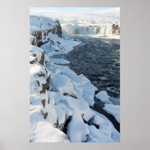 Póster Cascada Godafoss cubierta de nieve