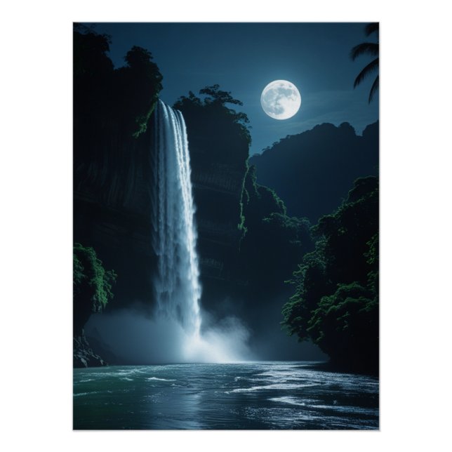 Póster Cascada iluminada por luna - Paisaje nocturno cine (Anverso)
