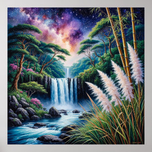 Póster Cascada Majestuosa en un Bosque Exuberante Bajo el