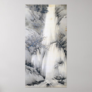 Póster Cascada por la pintura japonesa de la tinta de