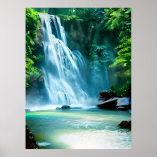 Póster Cascada serena en azul pálido y verde