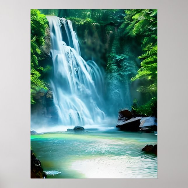 Póster Cascada serena en azul pálido y verde (Frente)