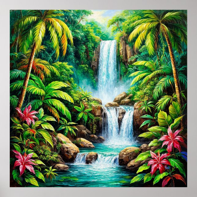 Póster Cascada tropical exuberante (Frente)