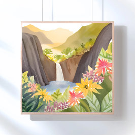 Póster Cascada Tropical | Paisaje Floral de Acuarela