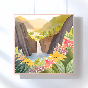 Póster Cascada Tropical Paisaje Floral de Acuarela