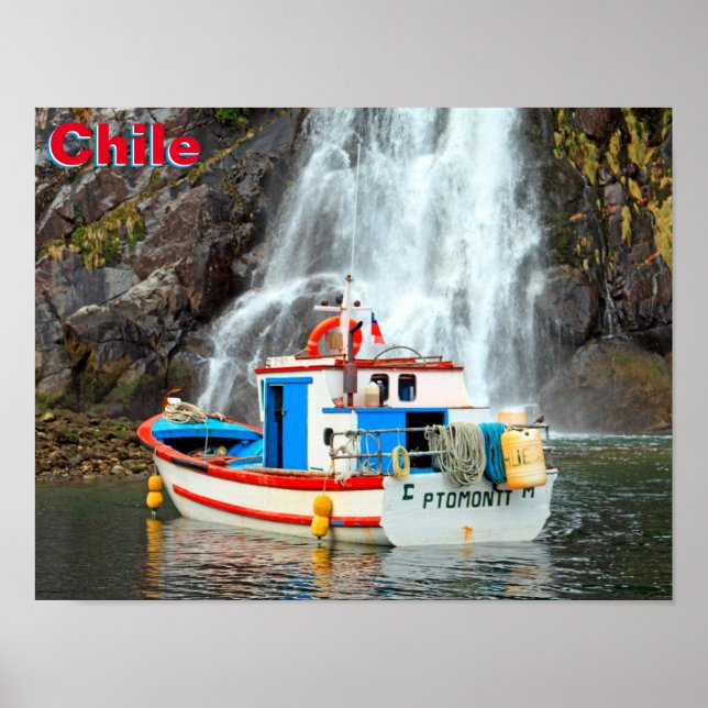 Póster Cascada y barco, Chile (Frente)
