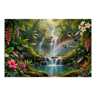 Póster Cascadas Arcoíris Colibríes Paraiso Tropical