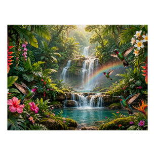 Póster Cascadas Arcoíris Colibríes Paraiso Tropical