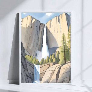 Póster Cascadas de Yosemite Acuarela del Parque Naciona
