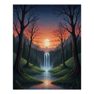 Póster Cascadas del Crepúsculo: Un Paisaje Forestal Seren
