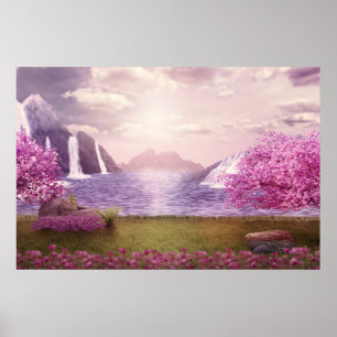Póster Cascadas y cerezos alrededor de un lago