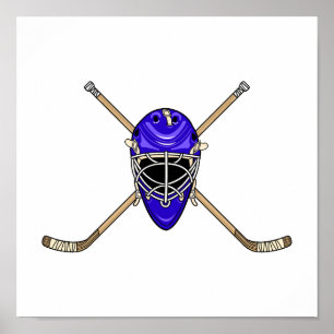 Póster Casco de hockey y palitos cruzados azules