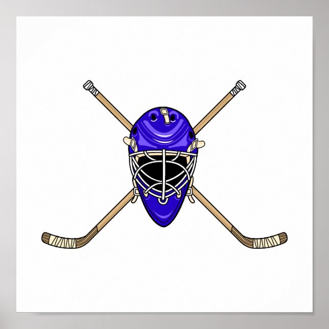Póster Casco de hockey y palitos cruzados azules (Frente)