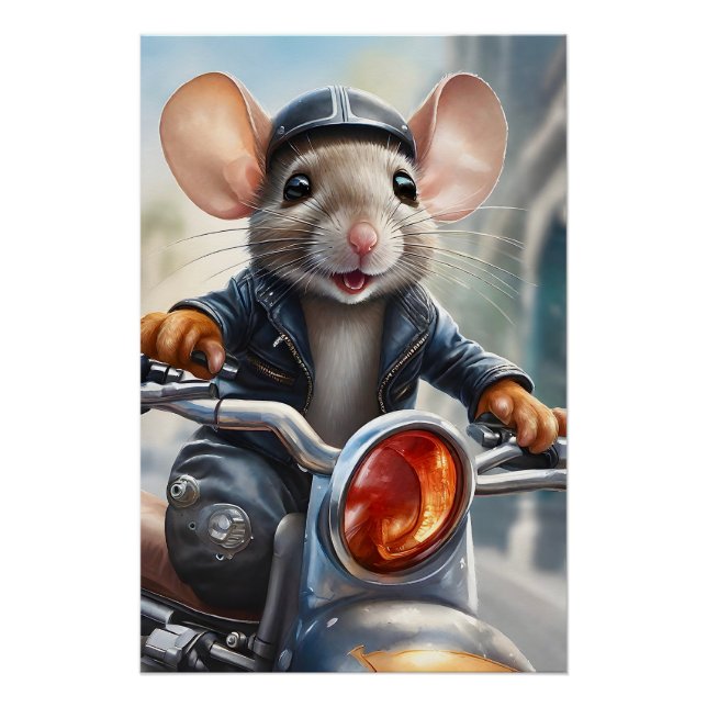 Póster Casco y chaqueta de ratón, en moto (Anverso)