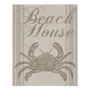 Póster Caseta de playa Crab Vintage costero