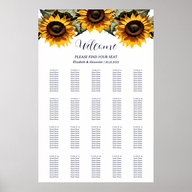 Póster Casilla de boda de girasoles amarillo elegante (Frente)