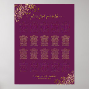 Póster Cassis Purple 20 Table Wedding Seating Chart Gold