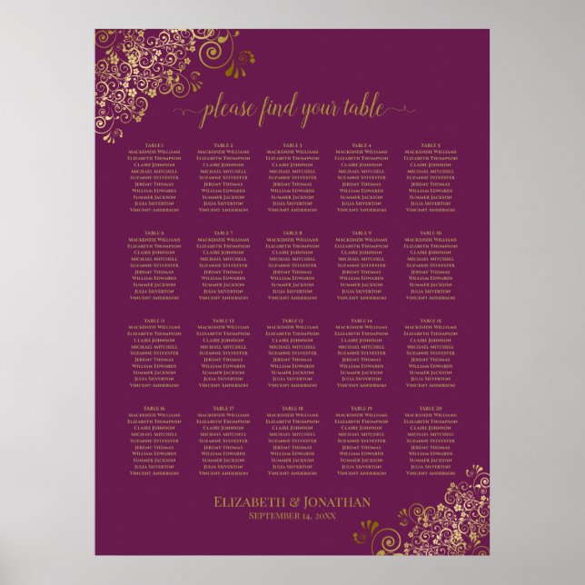 Póster Cassis Purple 20 Table Wedding Seating Chart Gold (Frente)