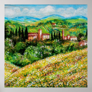 PÓSTER CASTELS IN CHIANTI LANDSCAPE ,YELLOW FLOWER FIELDS