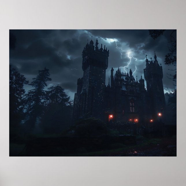 Póster Castillo atormentado en la tormenta nocturna (Frente)