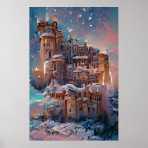Póster Castillo clásico, castillo medieval de invierno, h