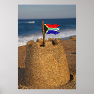 Póster Castillo de arena con bandera sudafricana, Umhlang