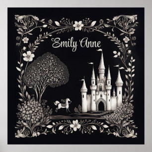 Póster Castillo de cuento de hadas en blanco y negro con 