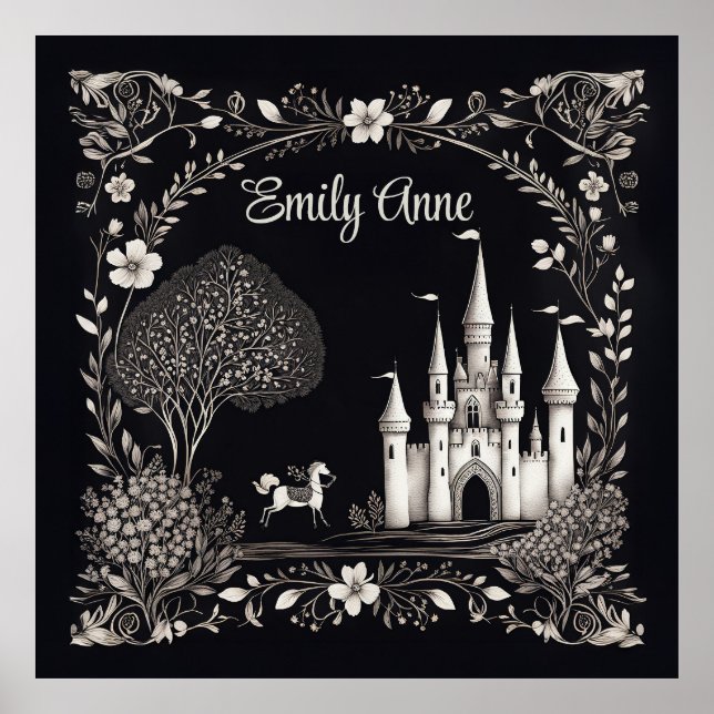 Póster Castillo de cuento de hadas en blanco y negro con  (Frente)